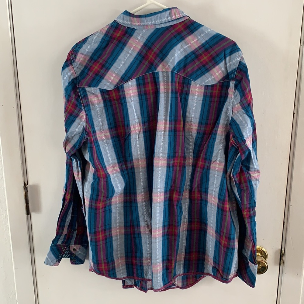 Roper turquoise, plum and olive green plaid embroidered western shirt - Picture 7 of 8